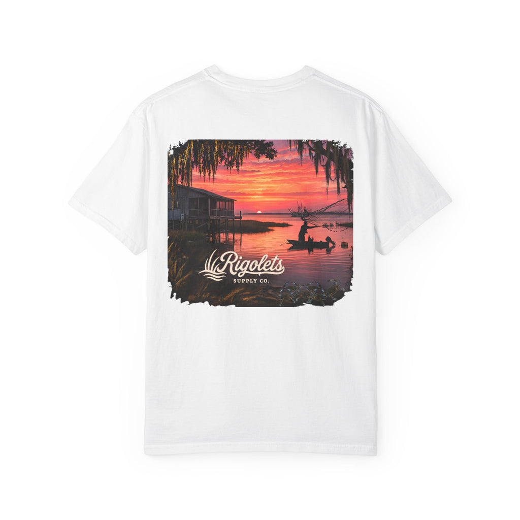 Sunset Bayou Graphic T-Shirt — 'Les Rigolets' Coastal Fishing Crew Tee