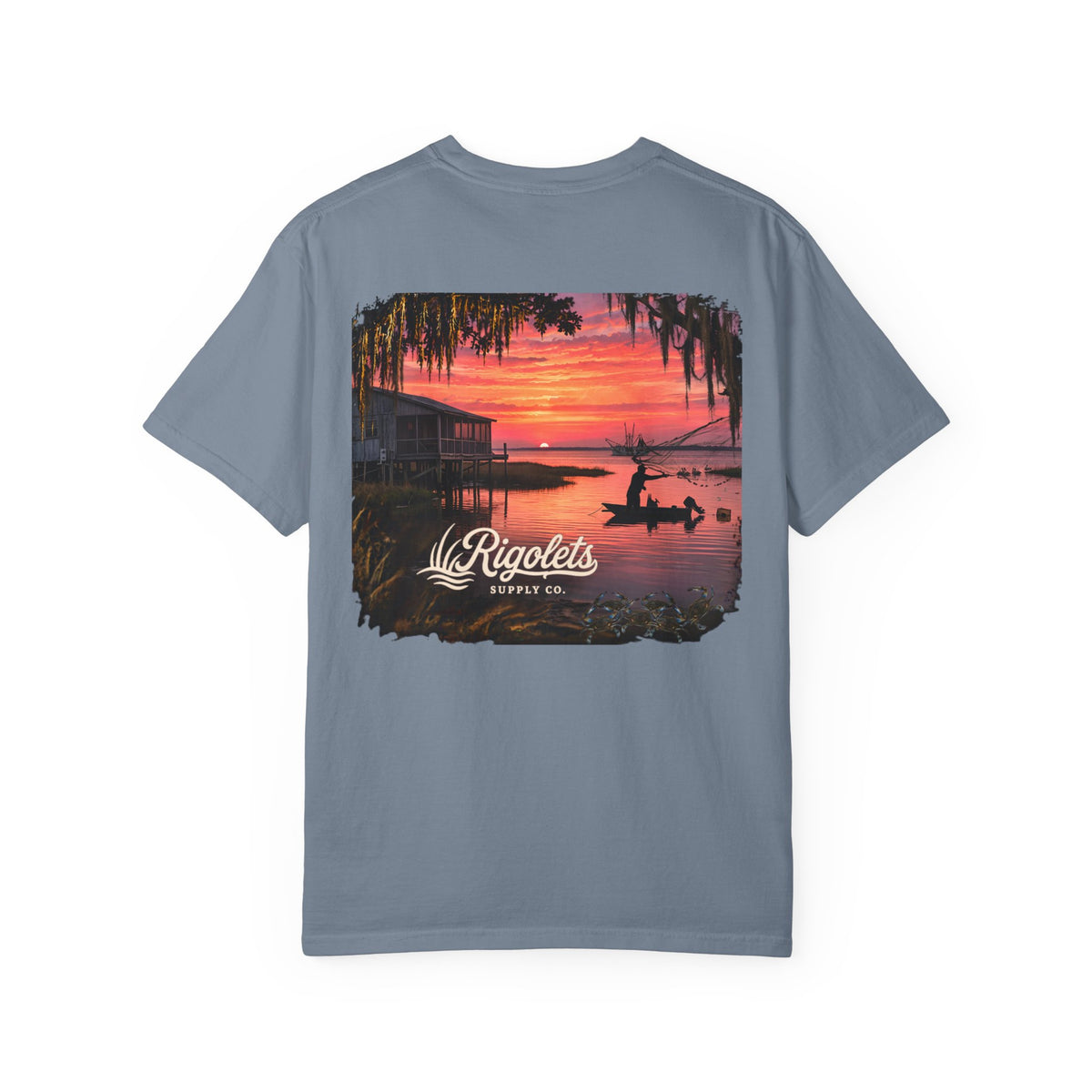 Sunset Bayou Graphic T-Shirt — 'Les Rigolets' Coastal Fishing Crew Tee