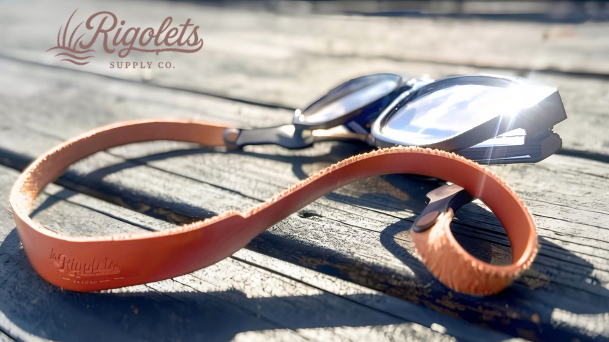 A close-up of a tan leather sunglasses strap with 'Rigolets' embossed on it, laid next to a pair of swim goggles on a weathered wooden surface. The Rigolets Supply Co.