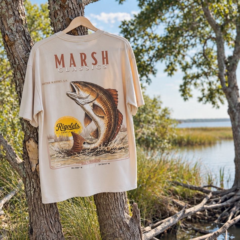A beige graphic t-shirt hanging on a wooden hanger from a tree near a lake, featuring a large bass fish illustration and the text 'MARSH' and 'Florida'.